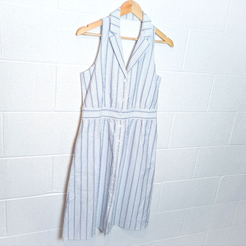 NWT Simply Noelle Halter Summer Dress With Straps Blue White Stripe Pockets Midi - Picture 2 of 13